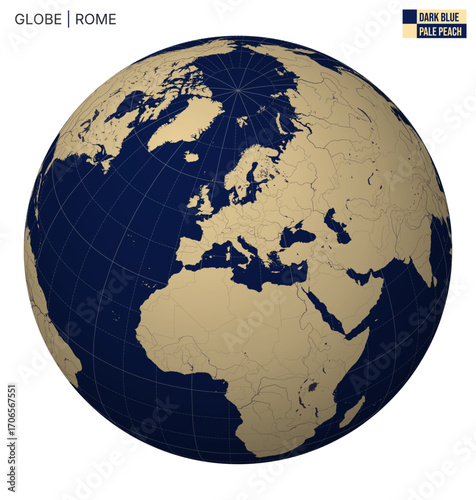 Vector Globe centered to Rome. Dark Blue Pale Peach palette. World map with meridians, parallels, countries, rivers and lakes. Appealing vector illustration.
