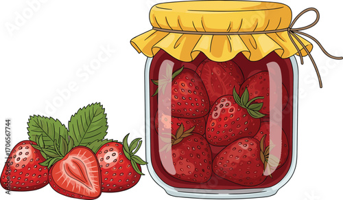 Strawberry jam jar, fresh berries and sliced fruit, homemade preserve illustration, food concept vector, cad drawing flat vector illustration