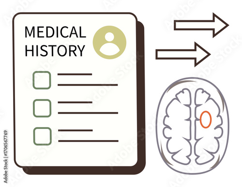 Medical history document beside human brain diagram with marked section, linked by directional arrows. Ideal for medical care, health data, diagnosis, neurology, patient communication, data flow