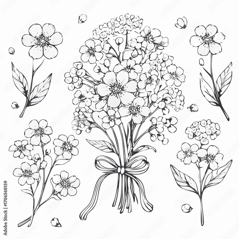 Fototapeta premium Babys Breath Floral Line Drawing Set