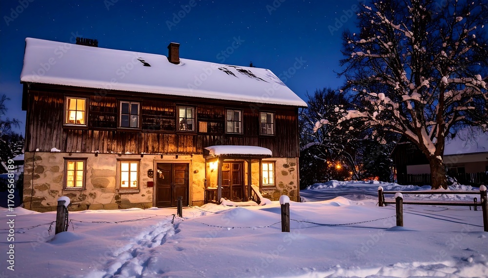 Fototapeta premium A cozy, snow-covered wooden house at night with illuminated windows, surrounded by snowy grounds