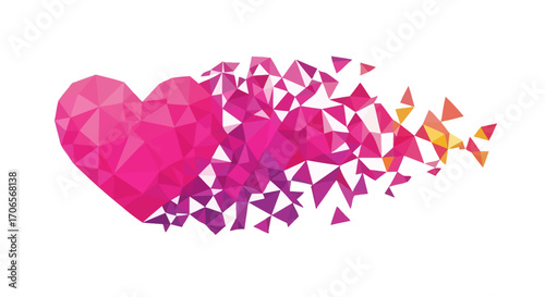 Abstract Pink Heart Breaking into Colorful Fragments Low Poly Vector Illustration