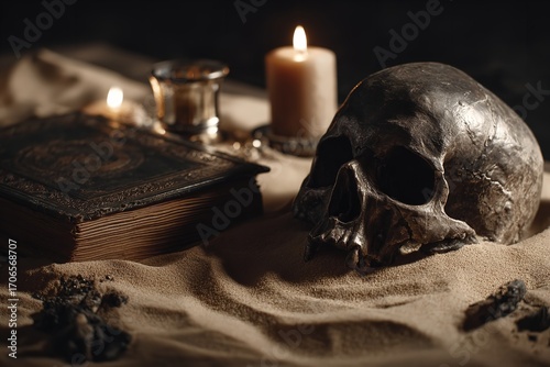 Dark Academia Still Life Featuring Skull, Candles, Books, and Sand on Table with Gothic Vibes