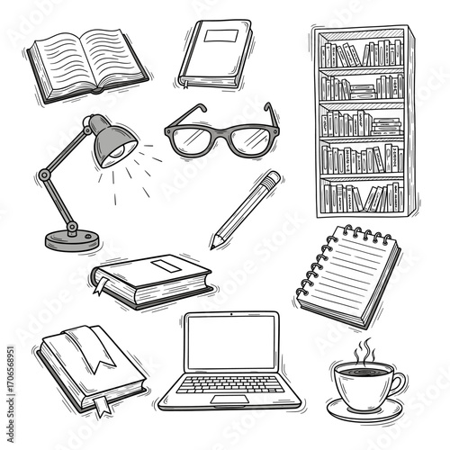 Set of  reading icons in hand drawn doodle style. Vector illustration with open book, closed book, glasses, desk lamp, bookshelf, pencil, notepad, bookmark, laptop, coffee cup
