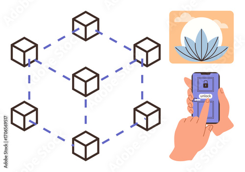 Network of interconnected cubes symbolizing blockchain, smartphone with unlock screen, and digital lotus growth. Ideal for technology, security, blockchain, innovation, decentralization