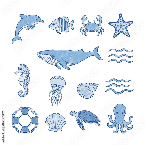 Set of  sea life icons in hand drawn blue doodle style. Vector illustration with dolphin, fish, crab, starfish, whale, seahorse, jellyfish, shell, turtle
