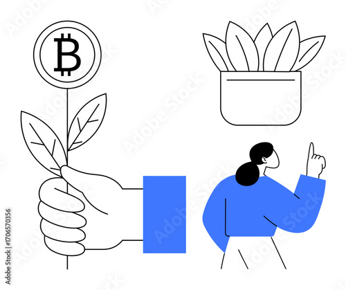 Bitcoin plant held by a hand, potted leaves symbolizing growth, a woman gesturing upward. Ideal for finance, cryptocurrency, sustainability, innovation, investment eco-economy education. Simple