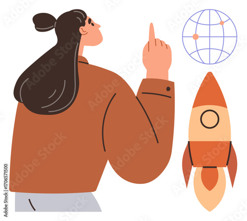 Focused woman gestures upward, symbolizing innovation, progress, and growth. Features rocket, globe. Ideal for leadership, entrepreneurship, exploration startup ambition vision global impact