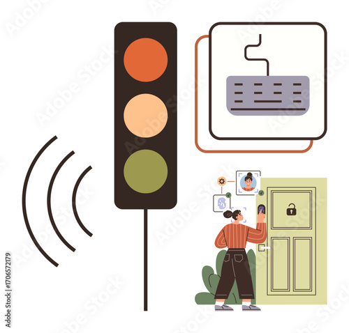 Traffic light, wireless signal, smart door access, keyboard, and person using keypad. Ideal for technology, security, home automation, wireless connectivity AI IoT modern convenience simple flat