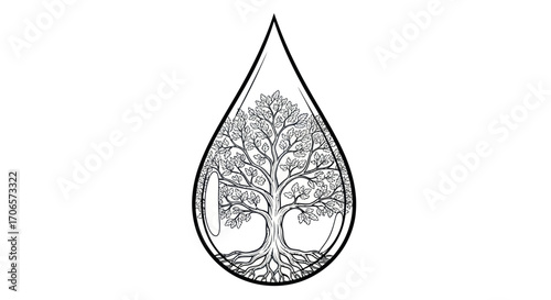 A serene sketch showcasing a tree encapsulated within a delicate water droplet design
