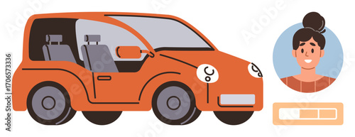 Orange car with visible interior, female driver avatar, and charge bar icon. Ideal for vehicle sharing, electric cars, eco-friendliness, apps, carpooling, technology user accounts simple flat