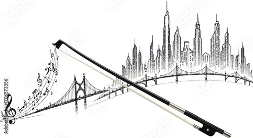 A stringed instrument bow dances over a hand-drawn cityscape with musical notes soaring high