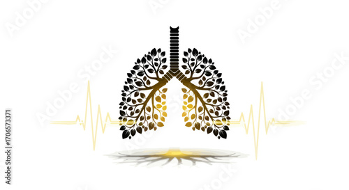 Abstract artistic conceptualization of lungs resembling a tree with vibrant foliage and heartbeat