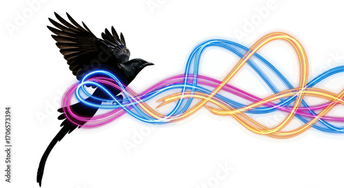 Abstract flight of a black bird through colorful luminous swirling light painting