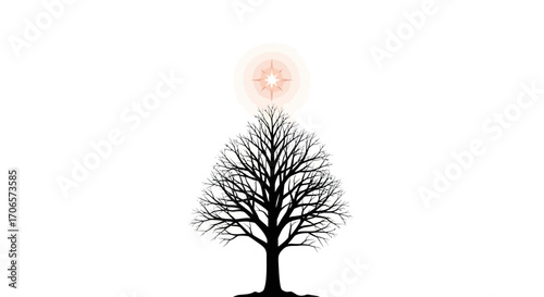 Bare tree silhouette beneath a celestial beacon of hope and guidance illustration