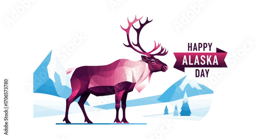 Happy Alaska Day Reindeer in Alaskan Mountains Low Poly Vector Illustration