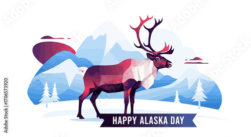 Alaska Day Celebration Majestic Reindeer in Alaskan Landscape Vector Illustration