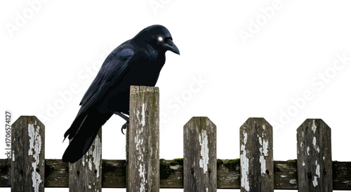 Eerie raven with glowing eyes perched upon weathered fence posts watching intently