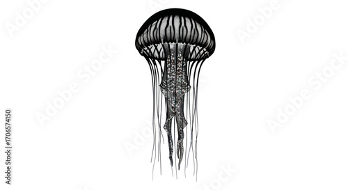 Elegant black and white jellyfish illustration with detailed tentacles design and intricate