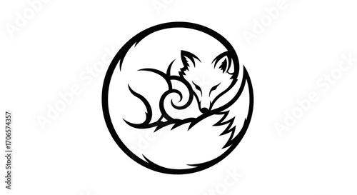 Elegant stylized fox curled within a circular frame conveying tranquility and nature connection