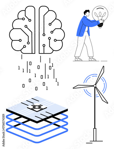 Stylized brain with binary code, person holding lightbulb, wind turbine, and layered grid network. Ideal for AI, innovation, sustainability, clean energy, problem-solving technology futuristic
