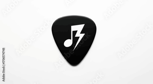 Iconic musical lightning bolt design on a sleek black guitar pick against white backdrop
