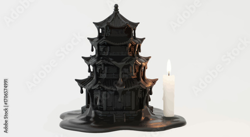 Melting pagoda candle holder a surreal and artistic representation of fading tradition