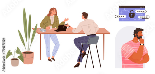 Two colleagues discuss work at a desk with plants and laptop wallet security design illustrates cybersecurity. A thoughtful man stands aside. Ideal for teamwork, communication, cybersecurity