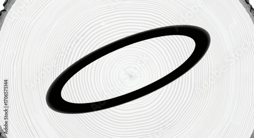 Monochrome abstraction featuring a dark elliptical ring on concentric circular texture