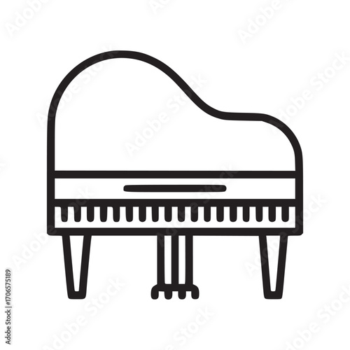 Vector art of a minimalist line art illustration of a grand piano, the design features a clean, black outline of the piano, emphasizing its keyboard, body, and legs