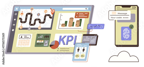 Data dashboard displays charts, KPIs, financial growth, maps, planning, and user data. Linked phone authenticates with fingerprint and code. Ideal for analytics, security finance strategy