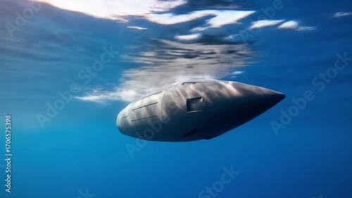 Underwater unmanned submarine vehicle in blue sea, technology and military concept.