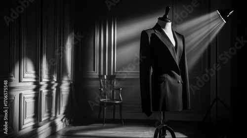 Elegant black fabric suit on mannequin, dramatic spotlight, luxury studio backdrop with deep shadows, high fashion editorial style