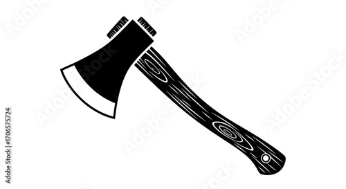Stylized monochrome illustration of an axe with a wooden handle on a white background