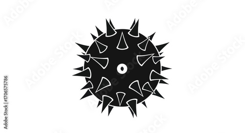 Stylized thorny sphere illustration rendered in stark black and white simplicity