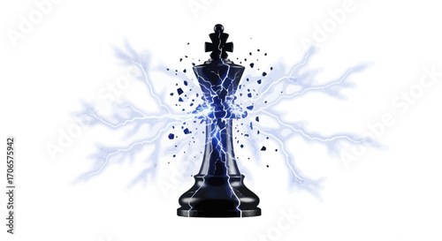 The strategic breakdown chess king piece amid a burst of energetic power depiction