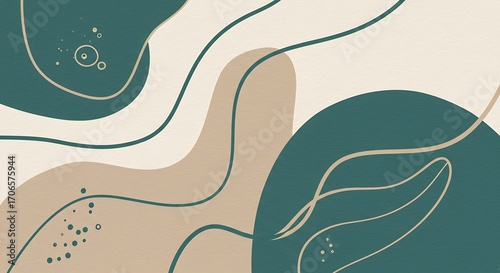 Abstract organic sketch design in teal blue and beige