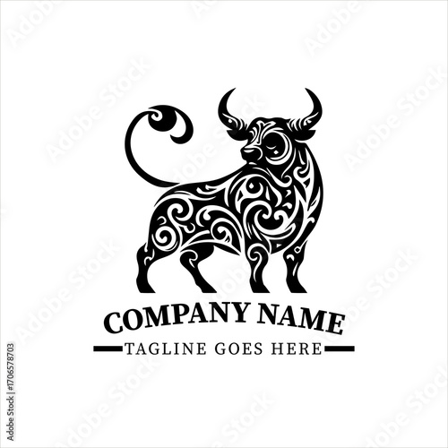 Strong Bull Vector Silhouette, Elegant Minimalist Black and White Ox Logo Design, Powerful Taurus Animal Illustration, Bold Mascot Symbol, Dynamic Pose Artwork for Branding, Modern Graphic Style