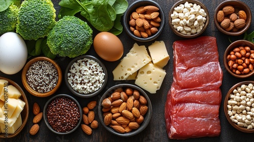High - Protein Foods Arrangement: Eggs, Cheese, Meat, Nuts and Vegetables