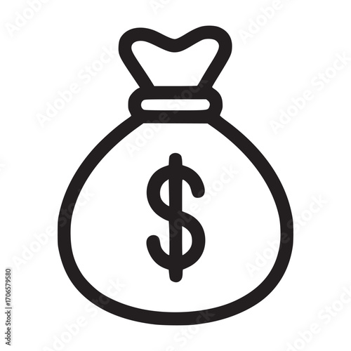 Vector art of money bag icon simple line art illustration of a sack with a dollar sign, representing wealth, finance, and investment ideal for banking, business, and economic themes