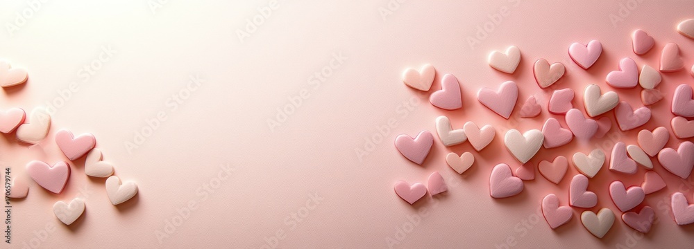 Obraz premium Scattered soft pink hearts on a light pink background creates a love letter concept for valentine's day