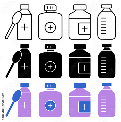 Syrup medicine bottle icon glyph and line style pack