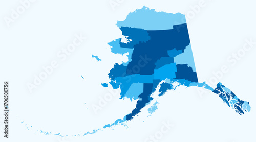 Map of Alaska with counties. Just a simple state border map with county division. Light blue color palette. Plain State of Alaska shape with administrative division. Vector illustration.