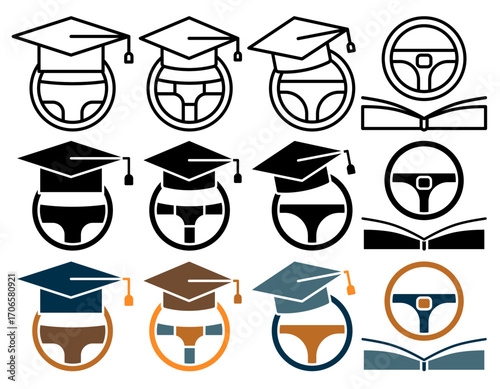 Driving school icon glyph and line style pack