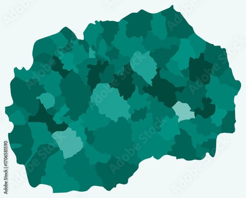 Map of North Macedonia with regions. Just a simple country border map with region division. Teal color palette. Blank North Macedonia shape with administrative division. Vector illustration.