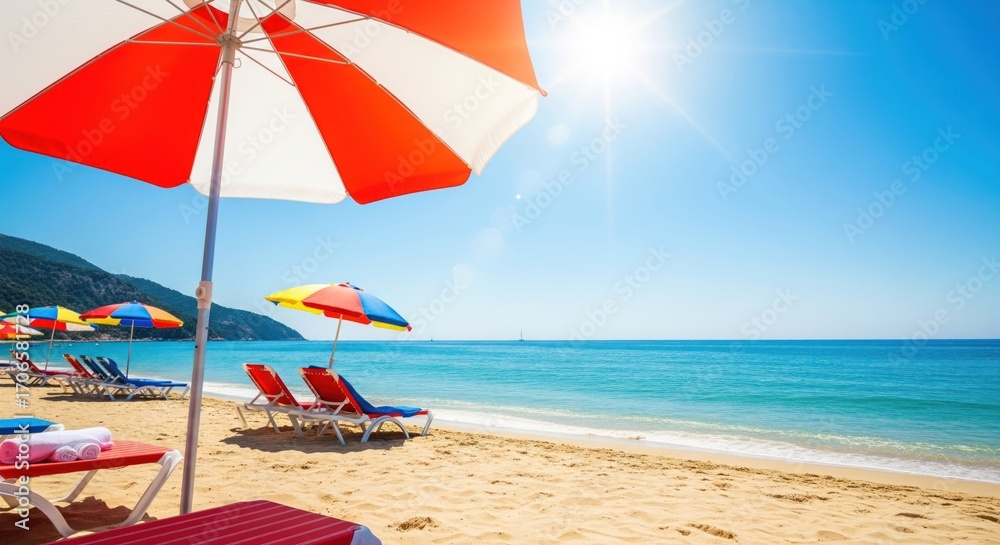 Fototapeta premium Sunny beach scene with colorful umbrellas and lounge chairs