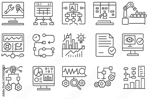 Business and analytics icon set. linear icons for data, chart, and process visualization