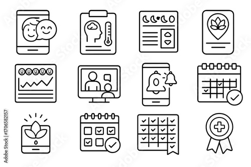 Communication and health outline icon set for digital platforms and wellness apps