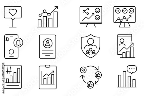 Social media analytics line icon set. data, engagement metrics outline collection