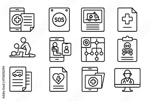Health and emergency outline icon set. medical, aid, response, safety icons